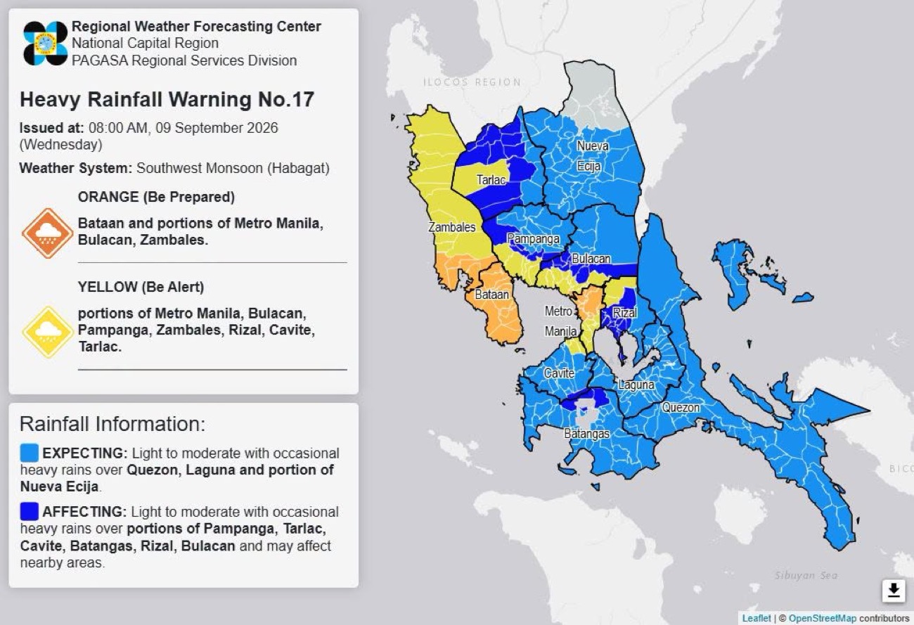 Orange rainfall warning up in parts of Metro Manila, other provinces