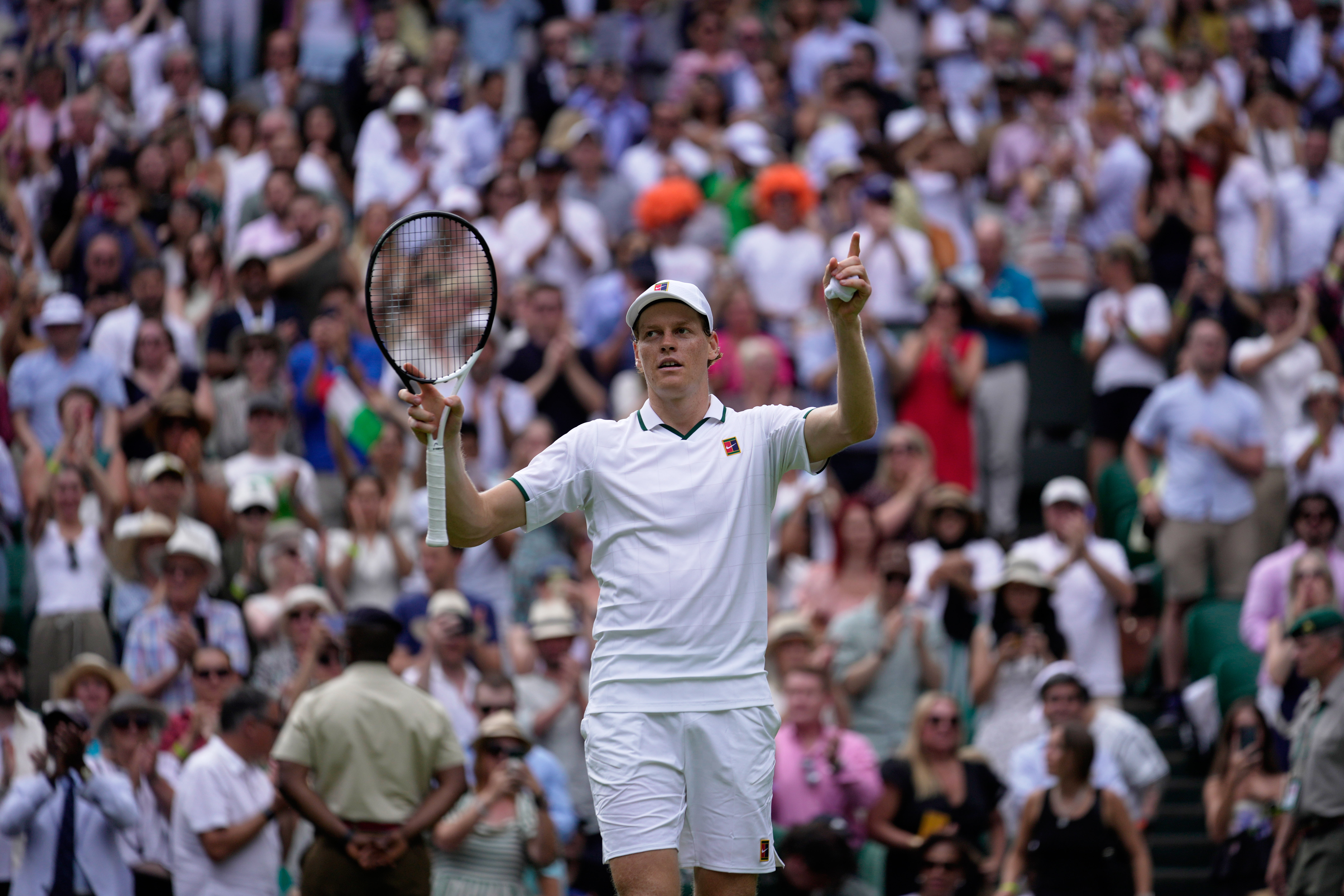Jannik Sinner of Italy celebrates his victory against Nuno Borges of Portugal in their second round men's singles match at the Wimbledon Tennis Championships in London, Wednesday, July 1, 2026.