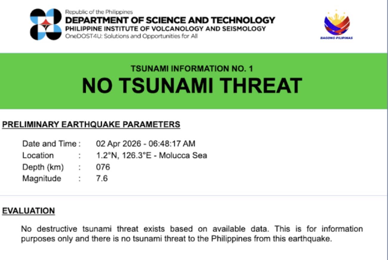 Phivolcs: No tsunami threat to PH after a 7.4M quake hits Indonesia