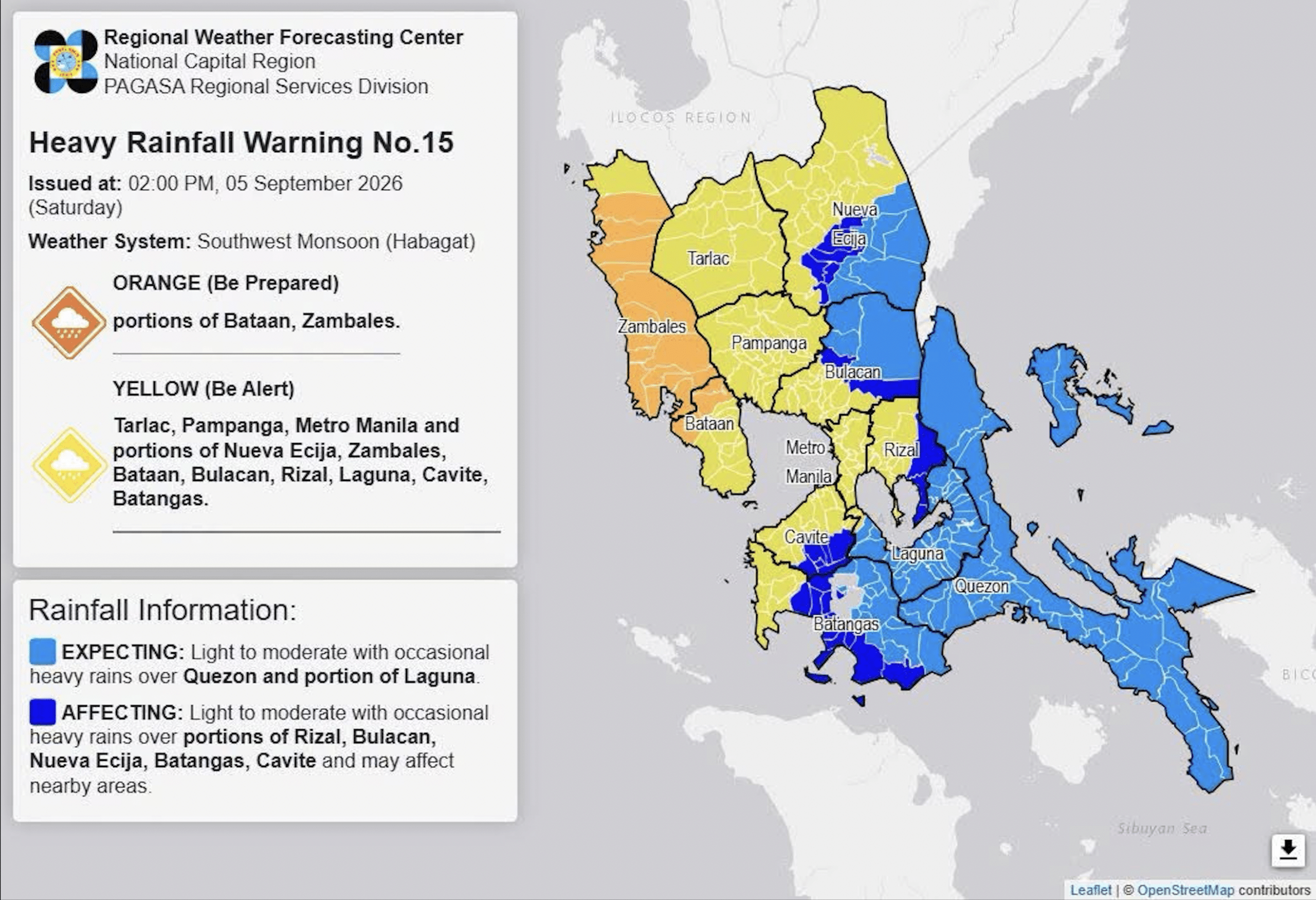 Habagat to bring heavy rains in parts of Luzon Saturday afternoon (Sept. 5)