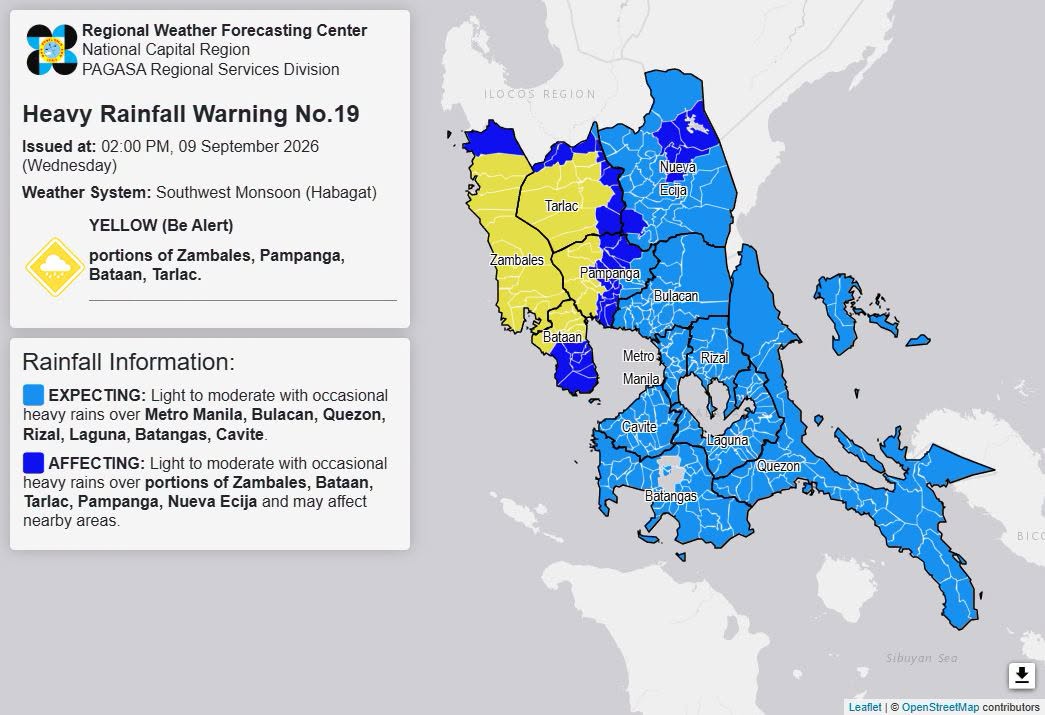 Heavy rainfall warning up over parts of C. Luzon Wednesday afternoon