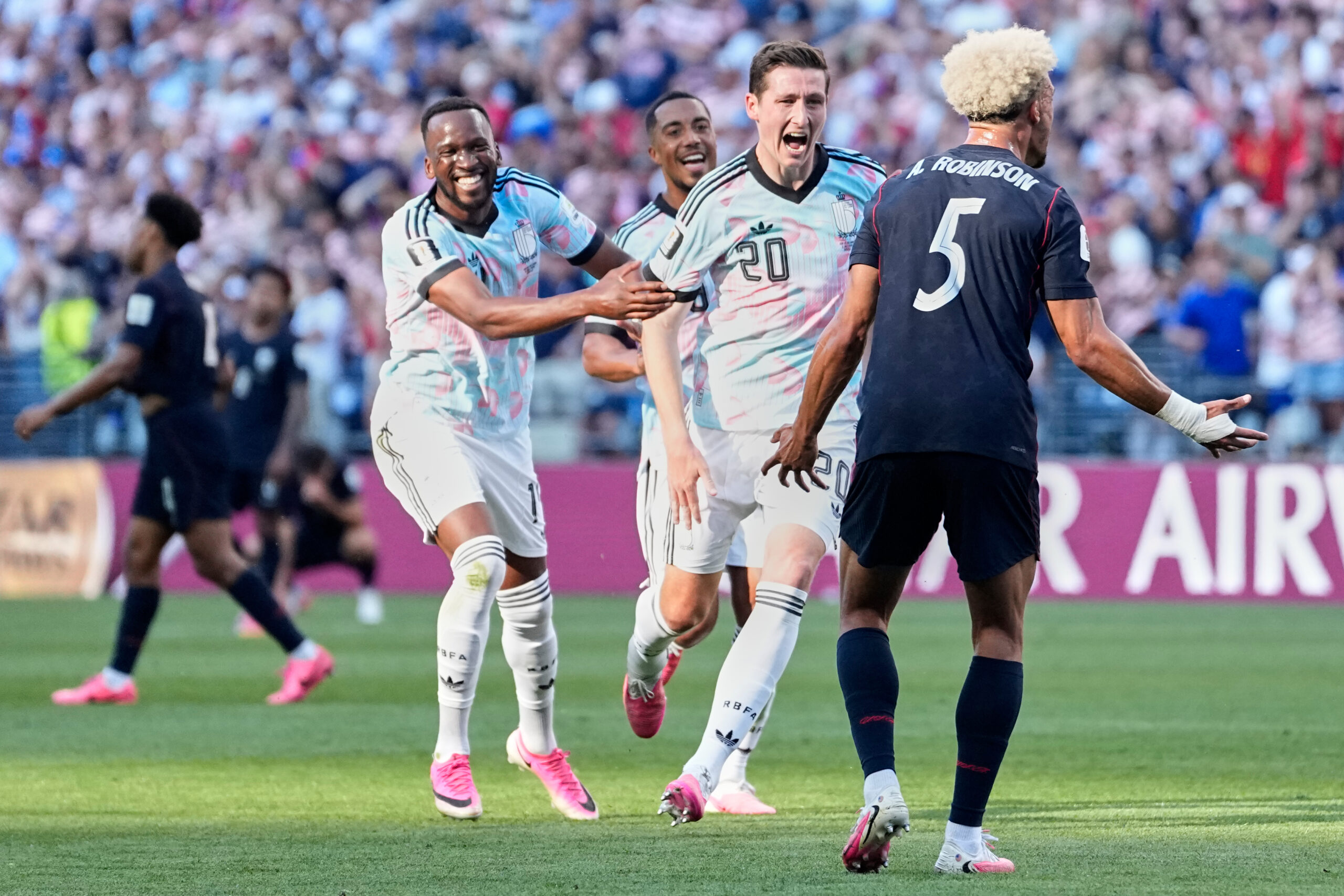 Belgium's Hans Vanaken (20) celebrates after scoring his side's third goal during the World Cup round of 16 soccer match between the United States and Belgium in Seattle, Monday, July 6, 2026.
