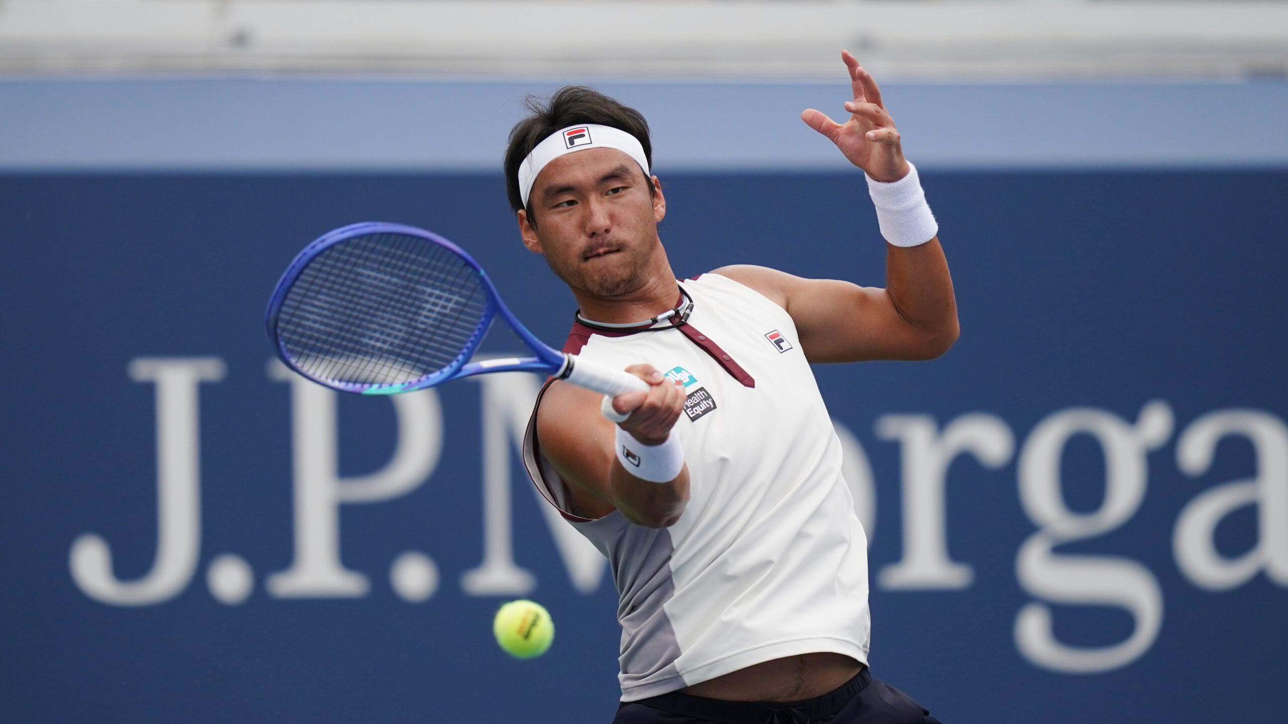 Yunchaokete Bu, of China, hits the ball during the first round of the U.S. Open tennis tournament, Wednesday, Sept. 2, 2026, in New York.