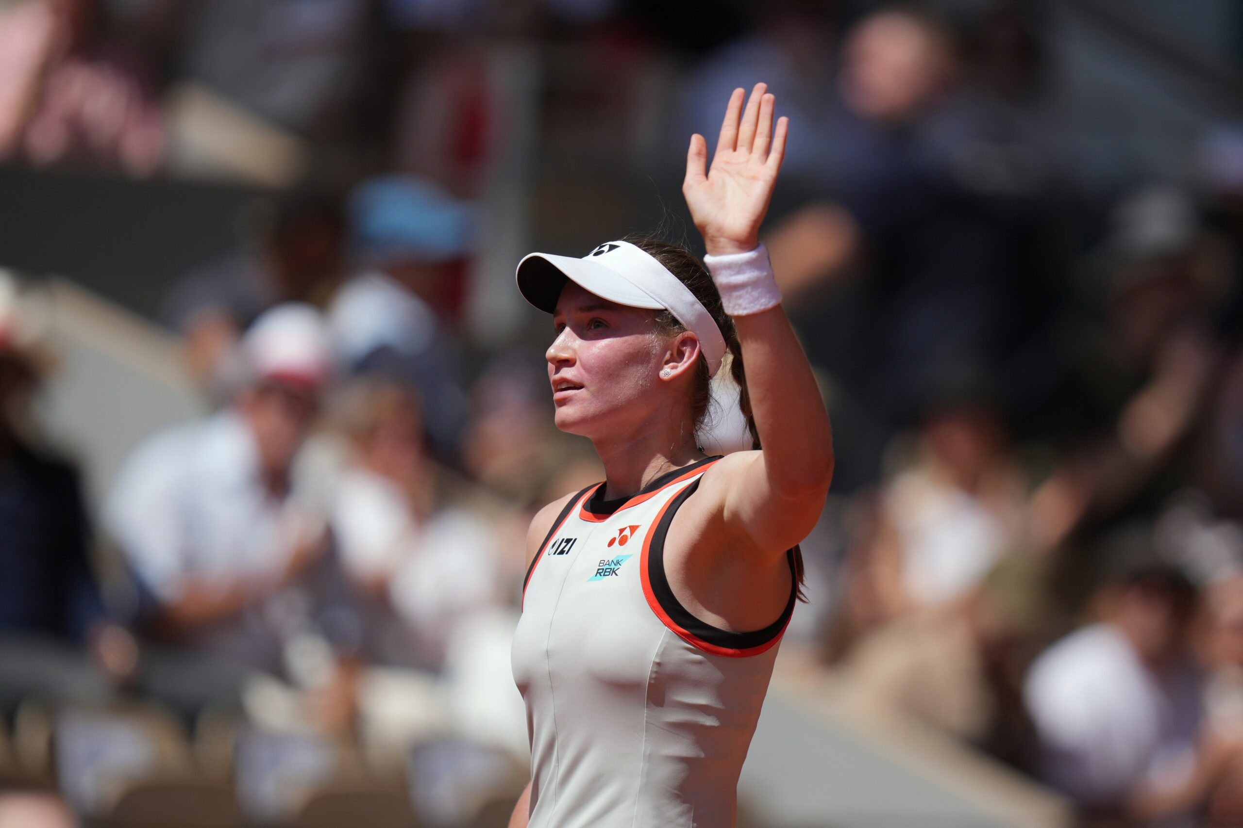 Elena Rybakina of Kazakhstan celebrates winning against Veronika Erjavec of Slovenia during their first round women's singles tennis match at the French Open tennis tournament in Paris, Monday, May 25, 2026.