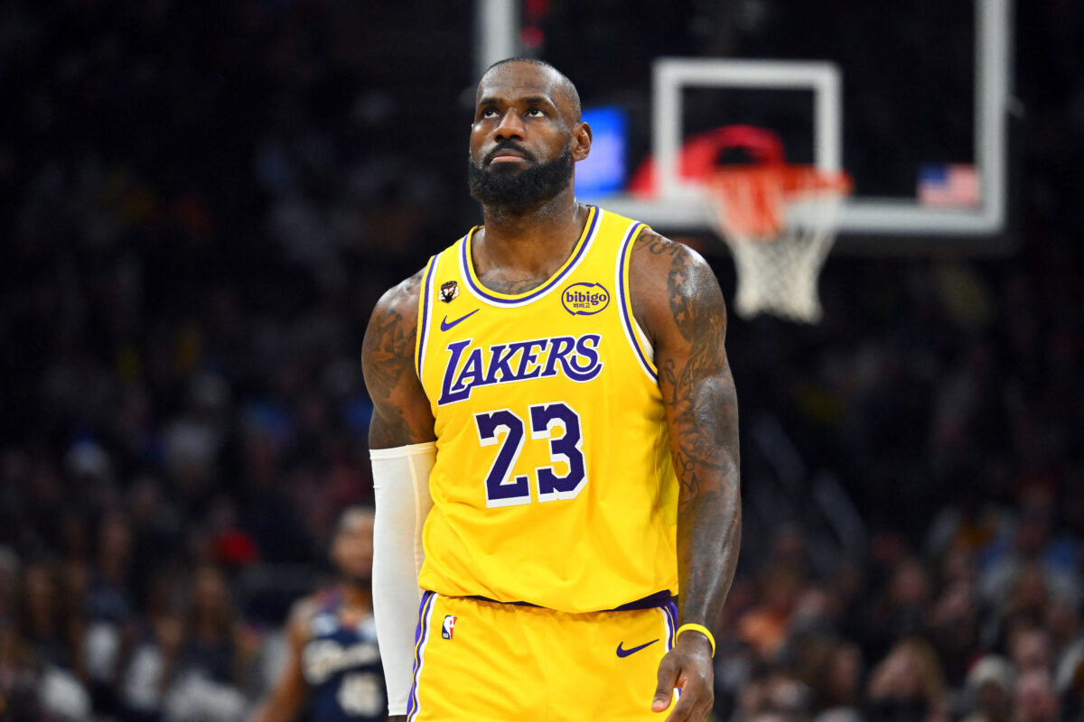 LeBron James #23 of the Los Angeles Lakers reacts during the fourth quarter of an NBA game against the Cleveland Cavaliers at Rocket Arena on January 28, 2026 in Cleveland, Ohio.
