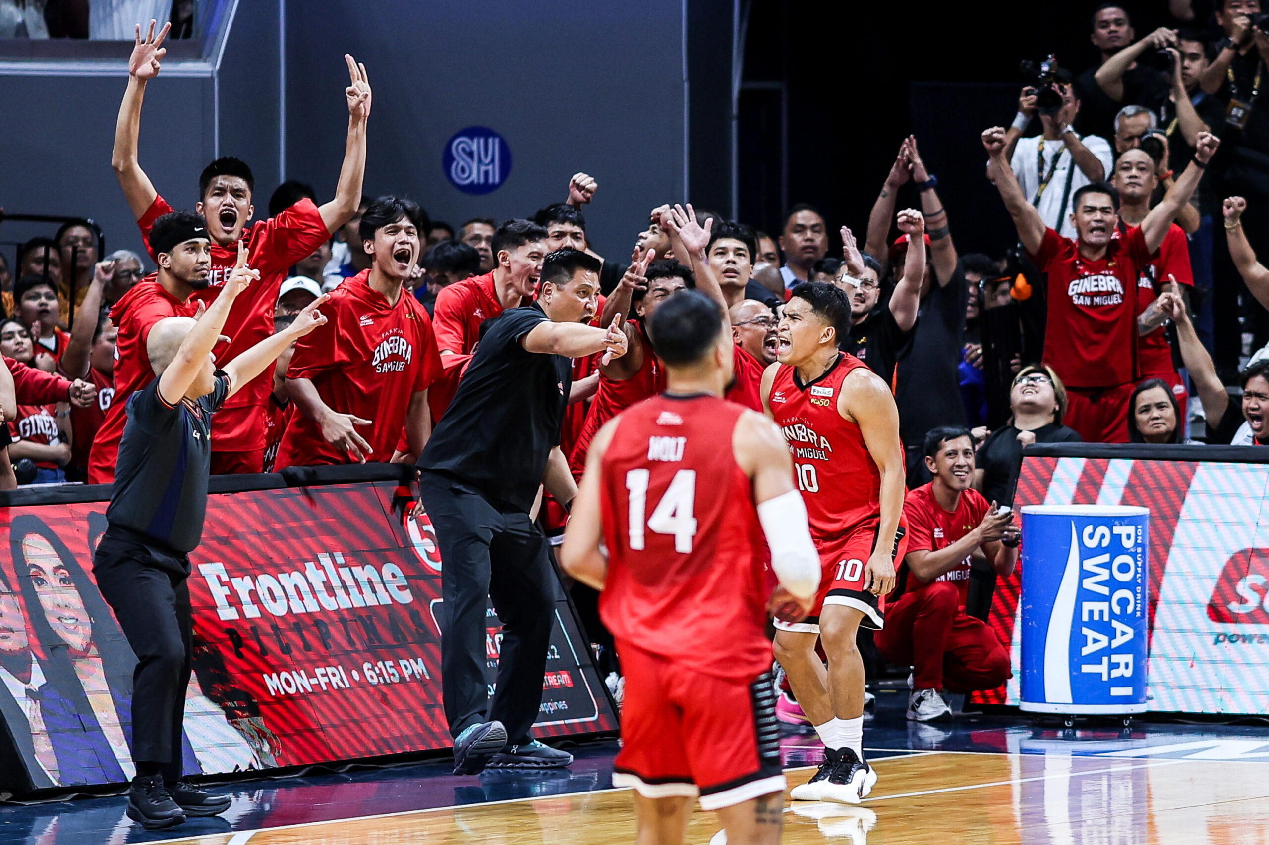 Barangay Ginebra Gin Kings' Nards Pinto reacts after scoring a big 3 in Game 7 of the 2026 PBA Commissioner's Cup Finals.