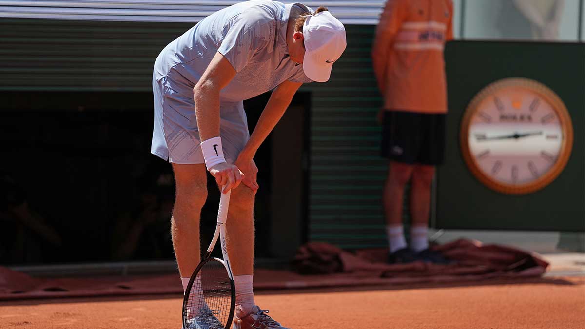 Jannik Sinner of Italy reacts as he plays against Juan Manuel Cerundolo of Argentina during their second round men's singles tennis match at the French Open tennis tournament in Paris, Thursday, May 28, 2026. (AP Photo/Thibault Camus)