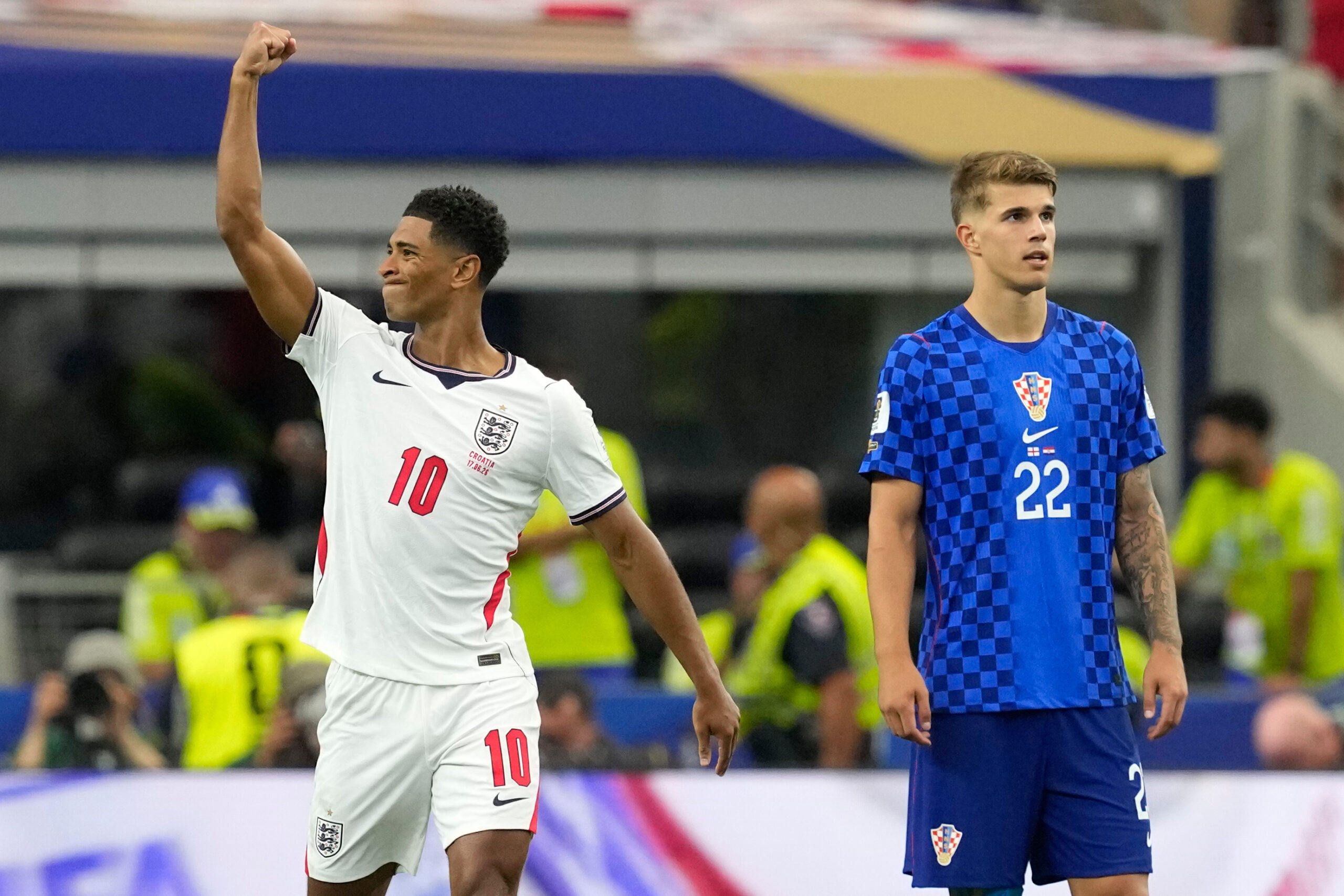 England's Jude Bellingham (10) celebrates his team's third goal during the World Cup Group L soccer match between England and Croatia in Arlington, Texas, near Dallas, Wednesday, June 17, 2026.