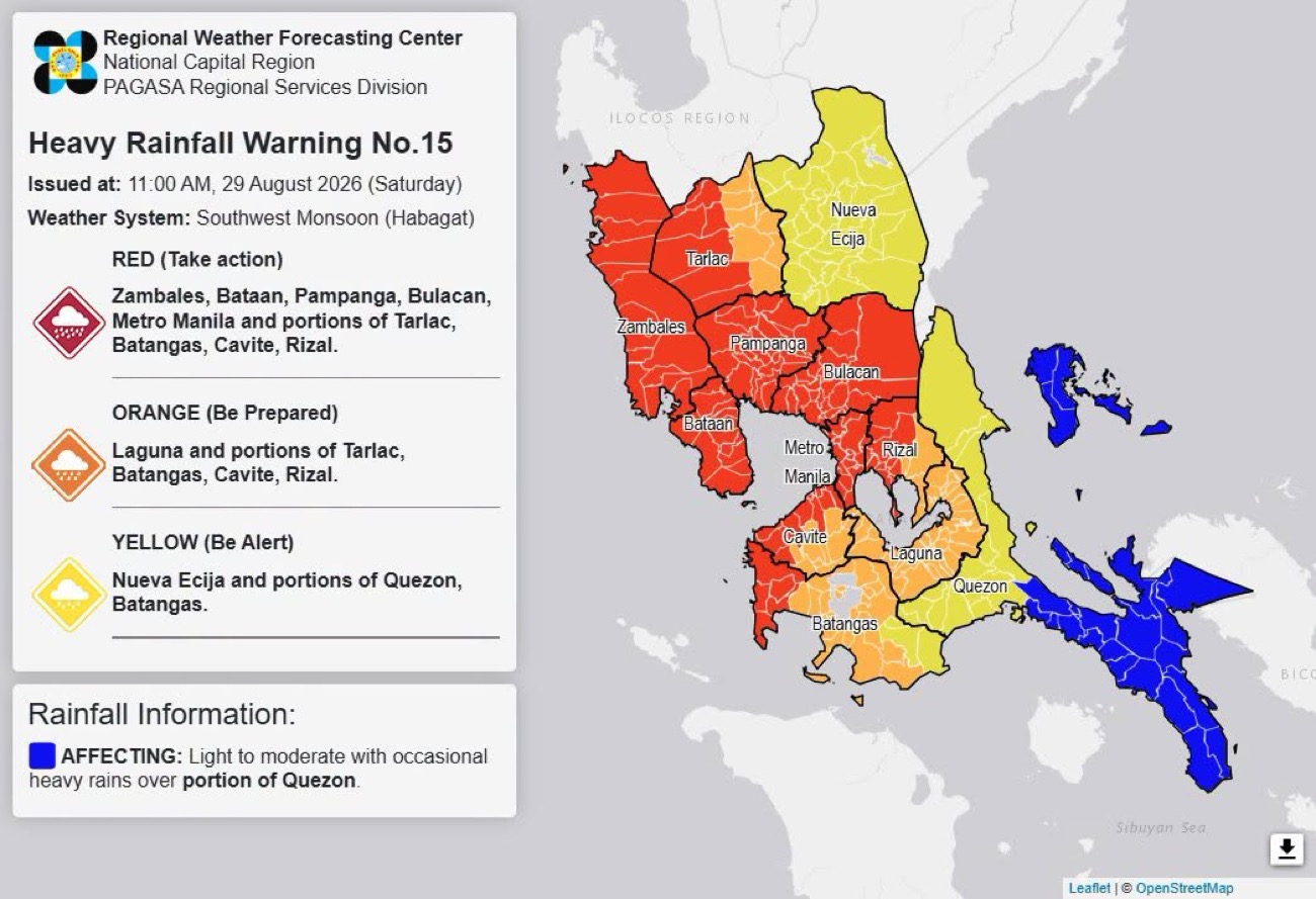 Red rainfall warning up in Metro Manila, Luzon areas on Saturday
