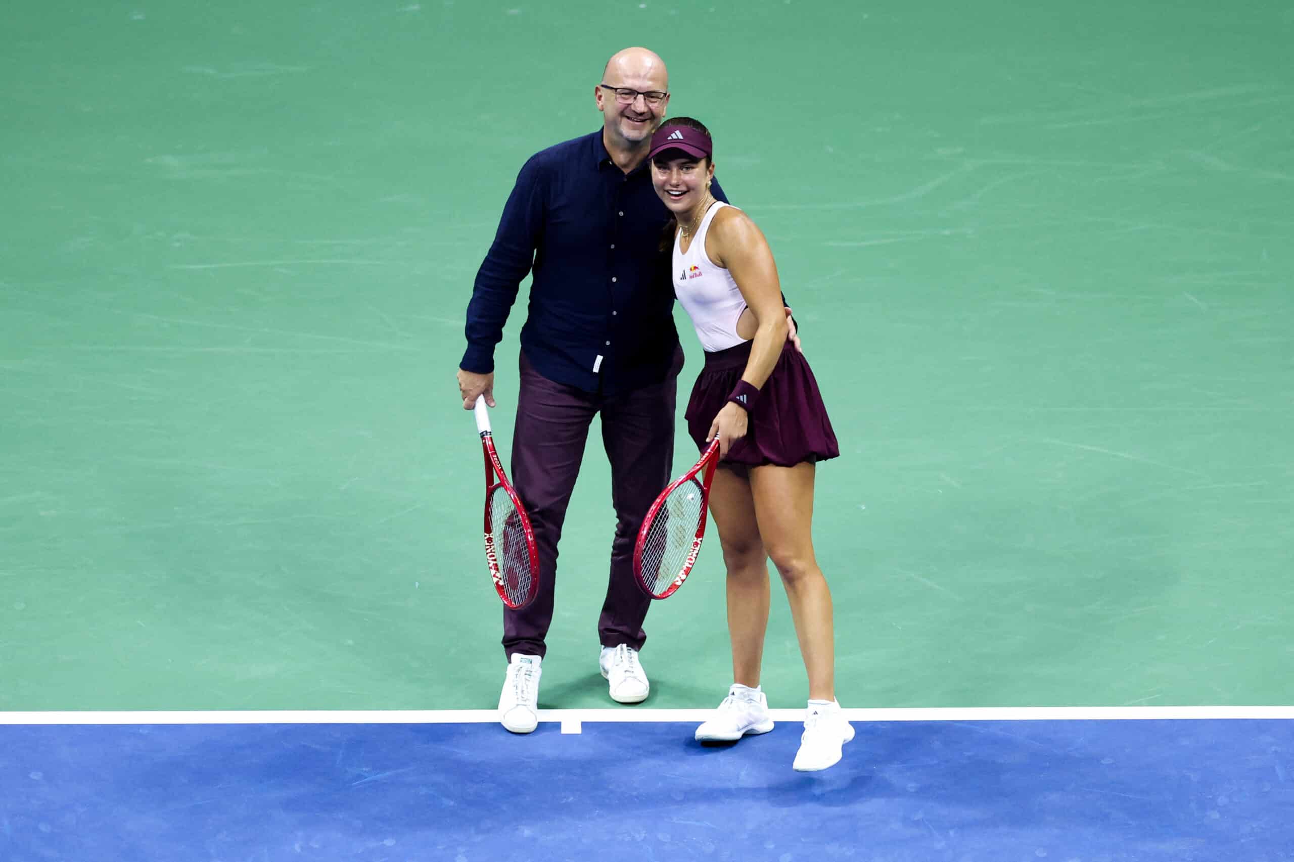 Iva Jovic of the United States embraces her father during the stars of the open at Fan Week as part of the 2026 US Open at USTA Billie Jean King National Tennis Center on August 27, 2026 in New York City