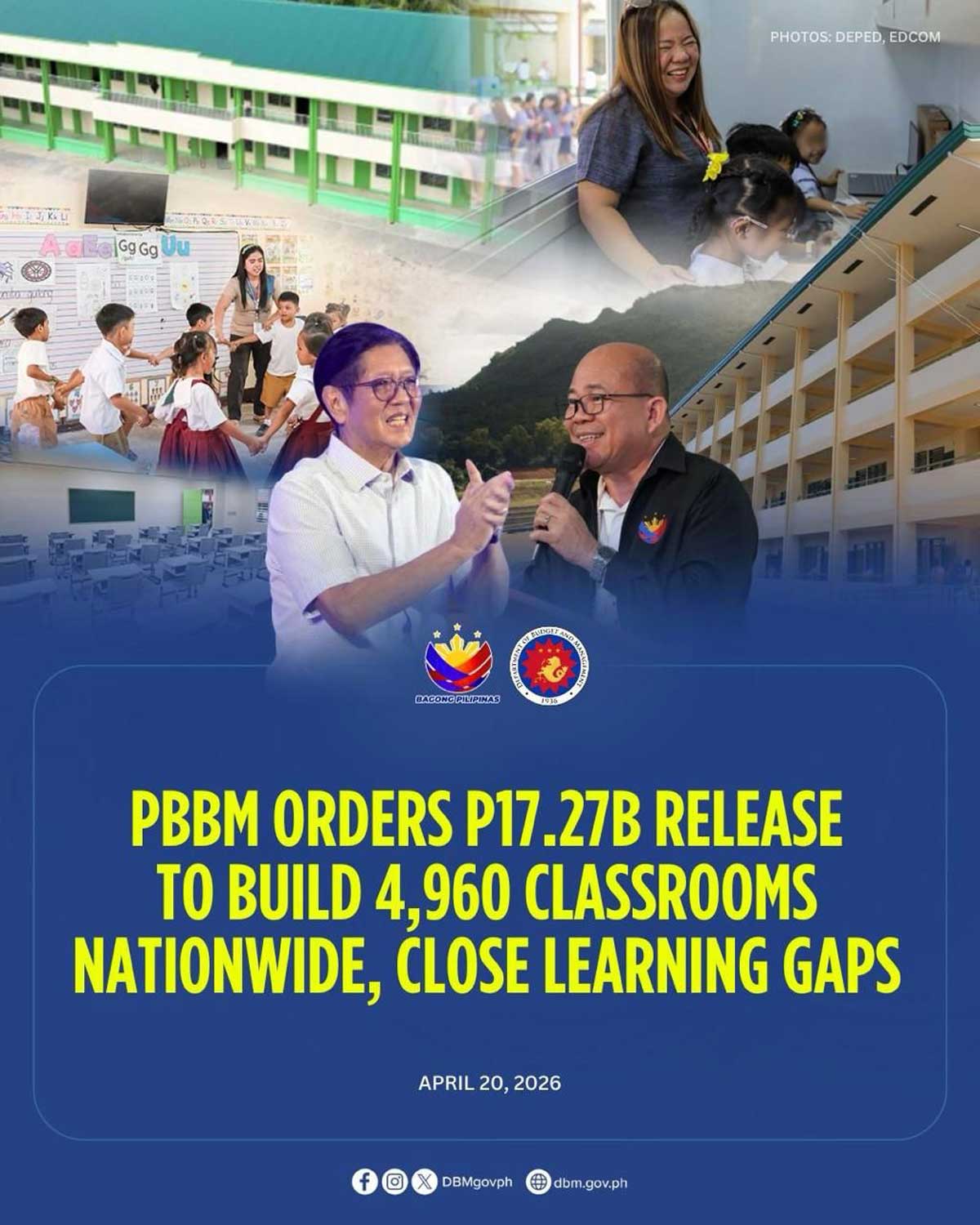 Marcos orders release of P17.27B to build 4,960 classrooms nationwide