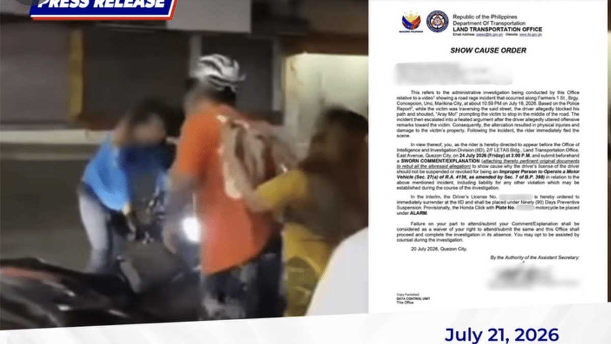LTO summons rider in viral Marikina City road rage