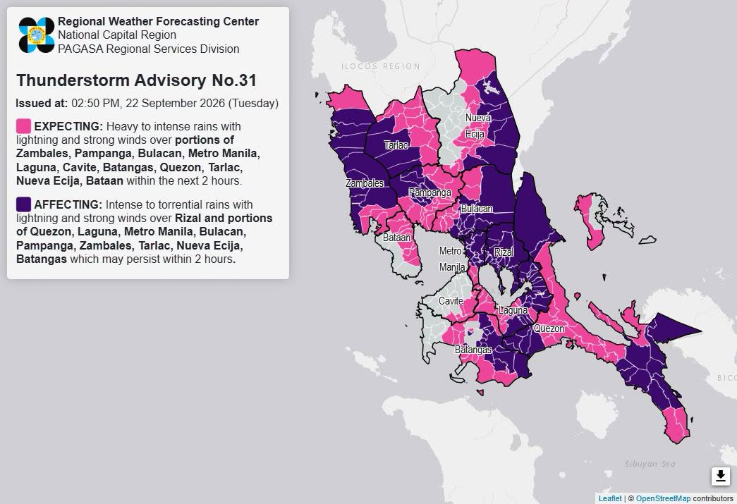 Heavy rainfall alert in NCR, other parts of Luzon Tuesday afternoon