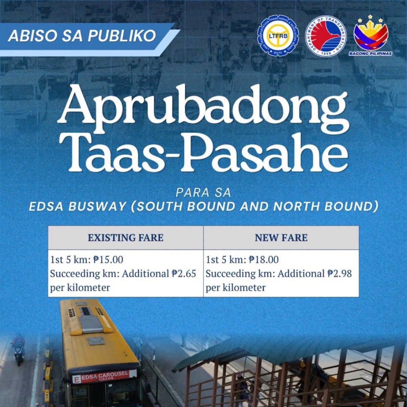 LTFRB: Approved fare hike for Edsa busway at P18