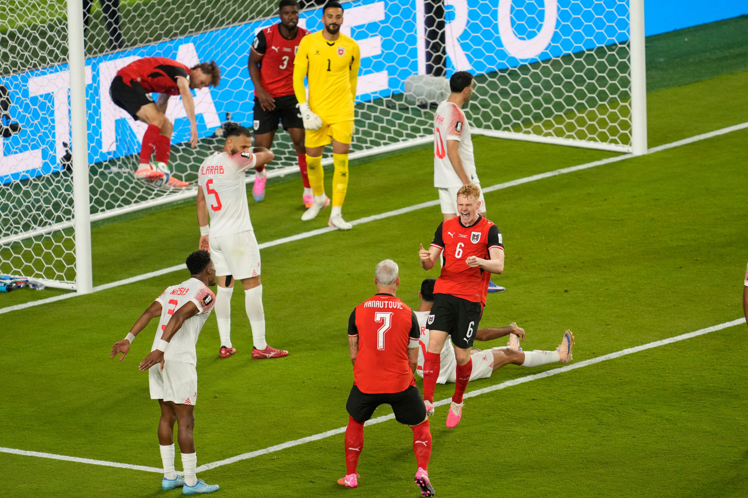 Austria's Marko Arnautovic, front, and Nicolas Seiwald celebrate after Jordan's Yazan Alarab scored on his own goal during the World Cup Group J soccer match in Santa Clara, Calif., near San Francisco, Tuesday, June 16, 2026.