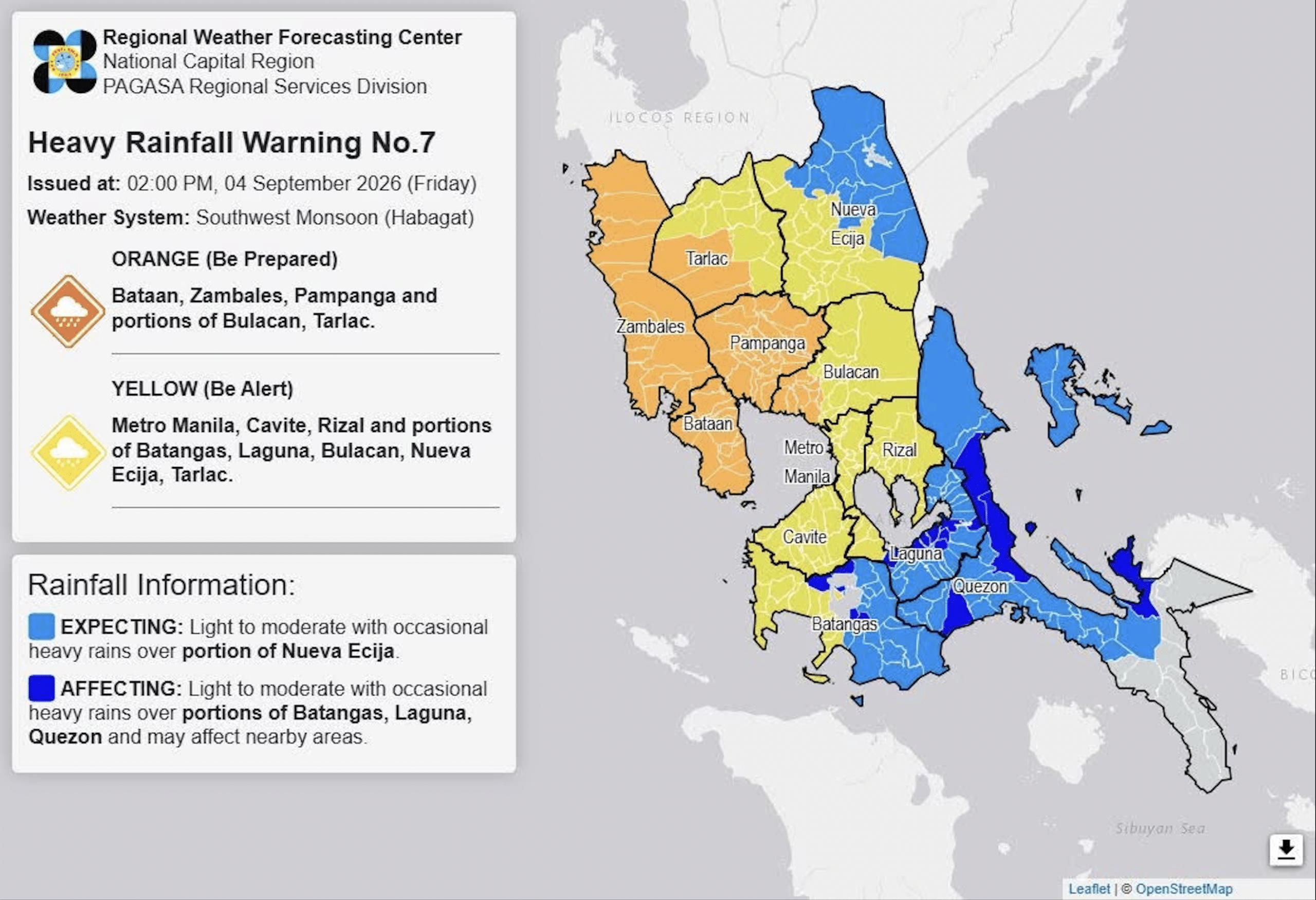 Heavy rainfall alerts still up in Luzon areas on Friday afternoon (Sept. 4)