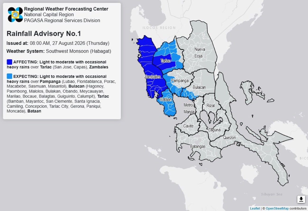 Pagasa: Light, moderate rains expected over Bataan, Luzon areas Thursday