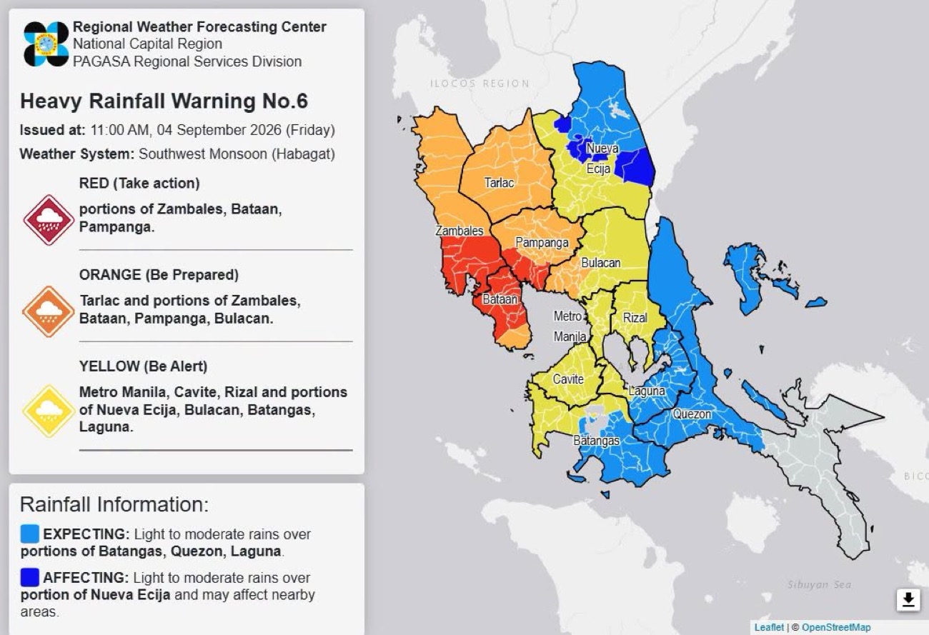 Pagasa issues red rainfall warning over 3 Luzon areas