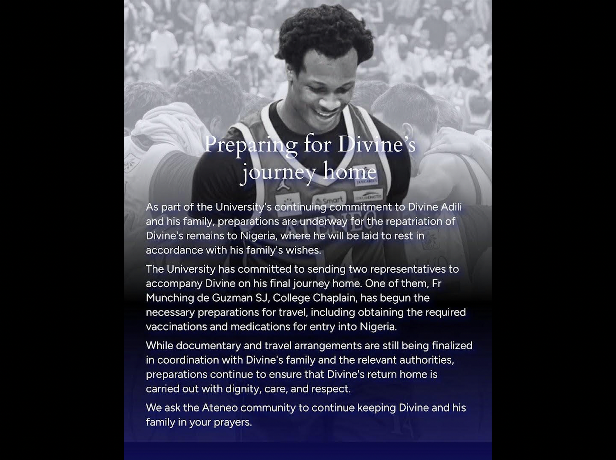 Body of Ateneo basketball player Divine Adili to be flown back to Nigeria
