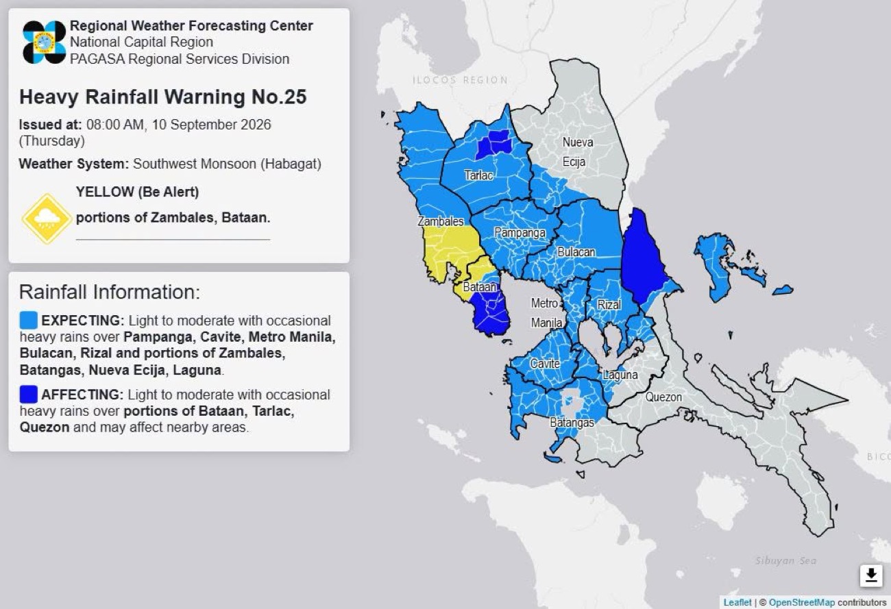 Pagasa issues yellow rainfall warning for Bataan, Zambales