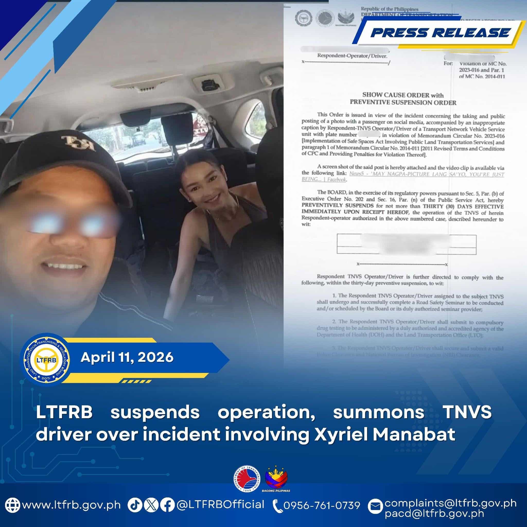 LTFRB acts on incident involving actress Xyriel Manabat