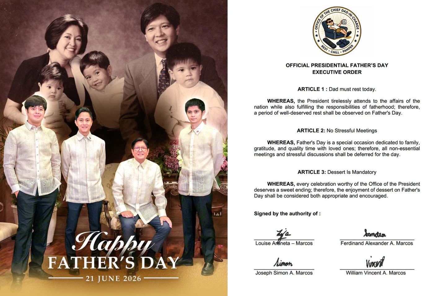 First lady, sons issue ‘EO’ for Marcos to relax on Father’s Day