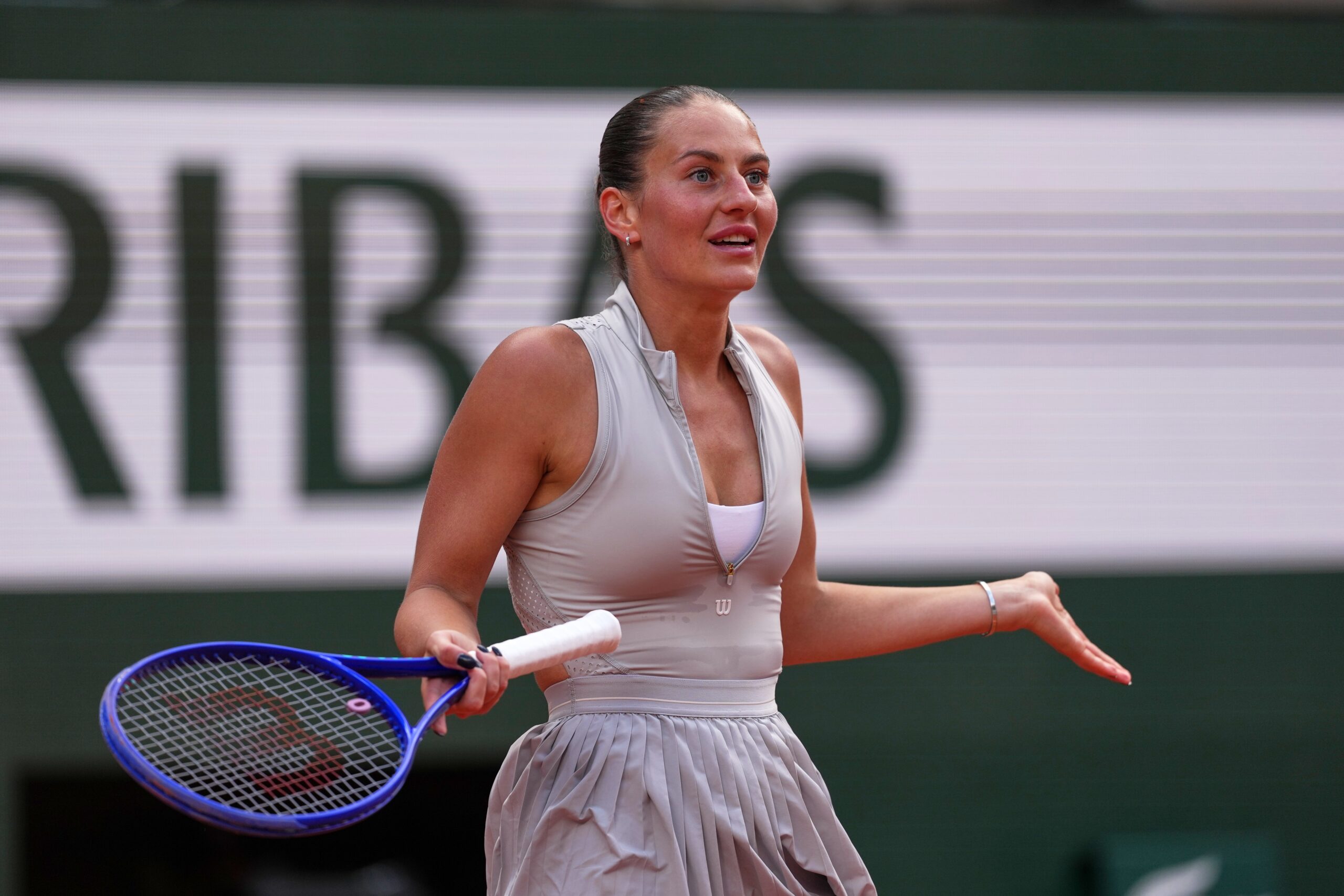 Ukraine's Marta Kostyuk reacts during the semifinal tennis match against Russia's Mirra Andreeva at the French Open in Paris, Thursday, June 4, 2026. 