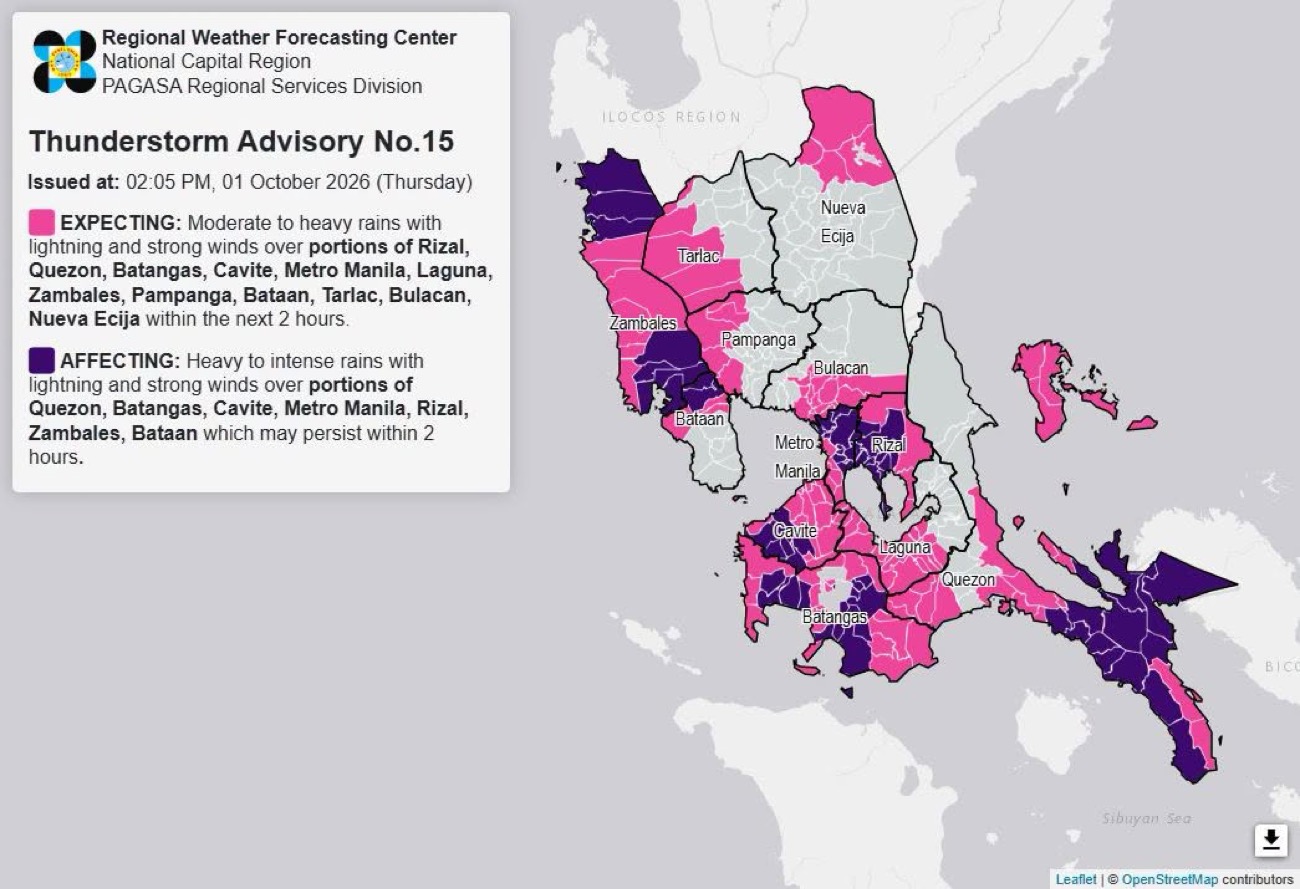 Heavy rains expected over Metro Manila, Luzon areas Thursday afternoon