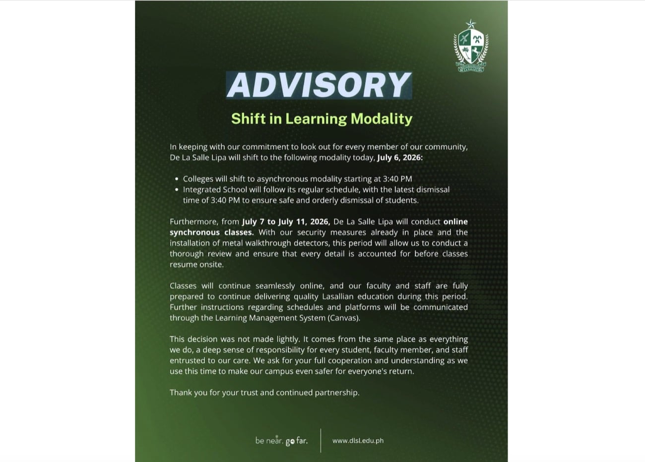 De La Salle Lipa suspends on-site classes for 5 days over security