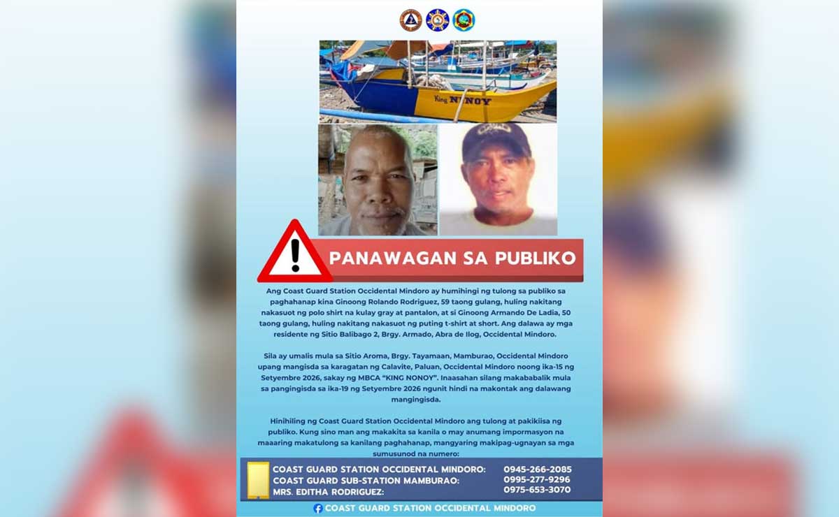2 fishermen missing off Occidental Mindoro waters