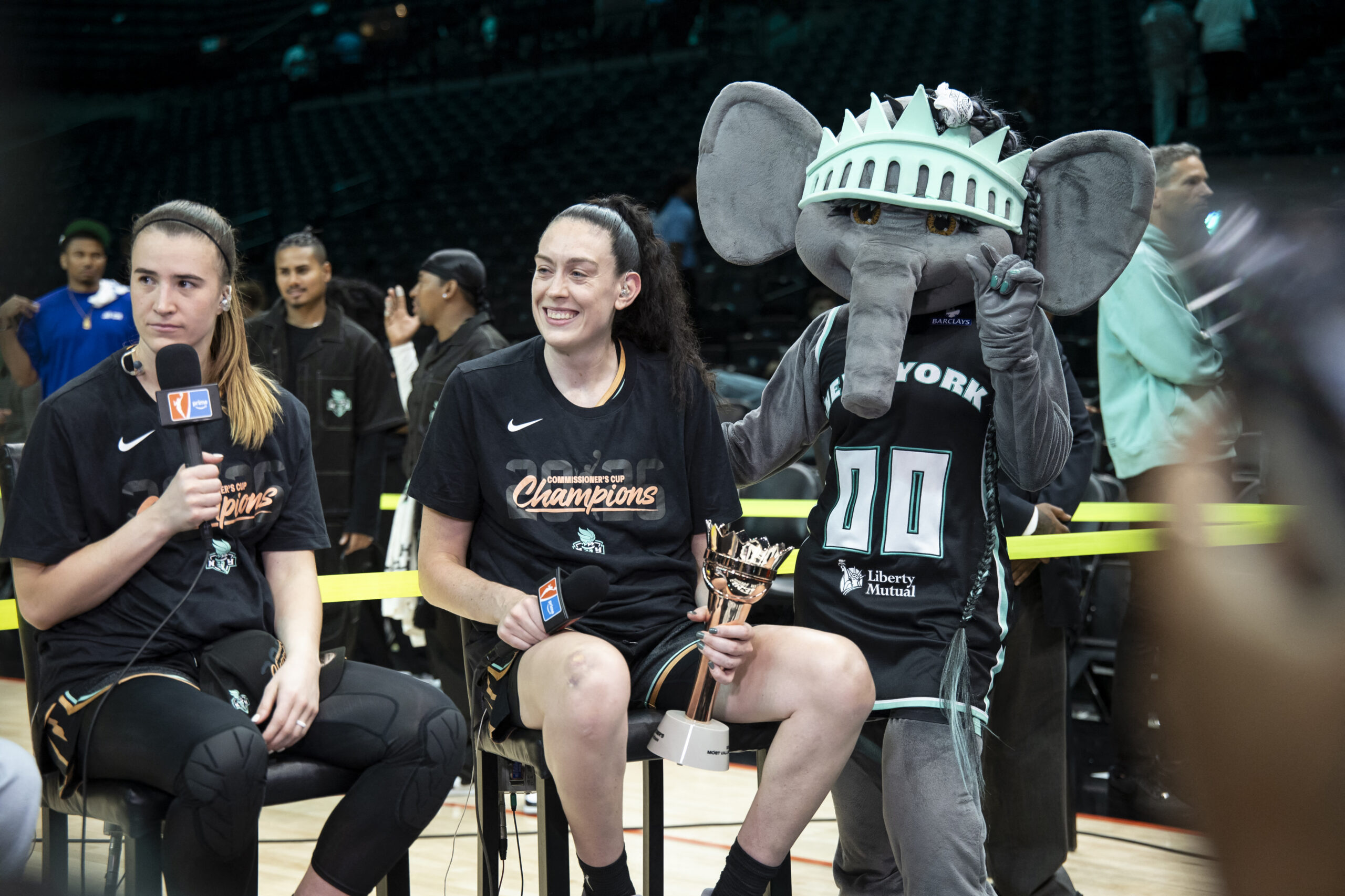 Sabrina Ionescu #20 and MVP Breanna Stewart #30 of the New York Liberty are interviewed after the win over the Las Vegas Aces for the Commissioner's Cup Championship held at Barclays Center in Brooklyn, New York on June 30, 2026 in New York City.