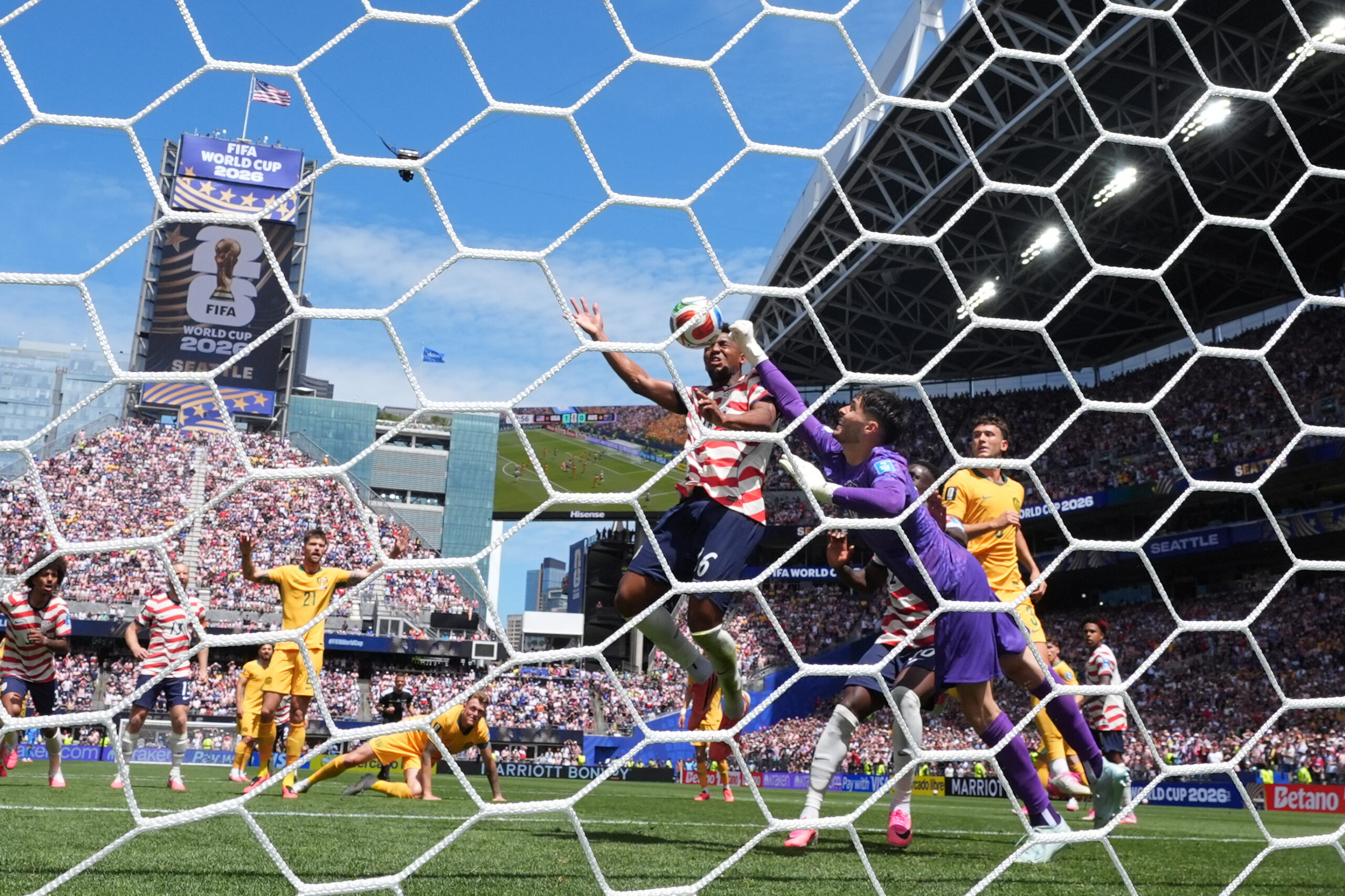 United States' Alex Freeman (16) scores their second goal during the World Cup Group D soccer match between the United States and Australia in Seattle, Friday, June 19, 2026.